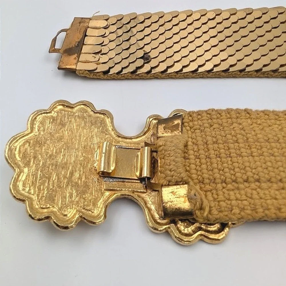 VTG Accessocraft Gold Tone Belt Fish Scale Sequins Metal‎ Ornate Buckle Etruscan